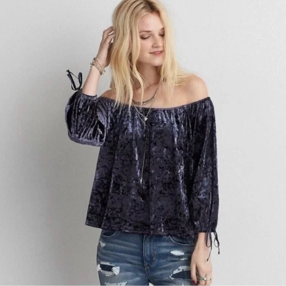 American eagle crushed velvet top Small navy blue off shoulder Whimsygoth